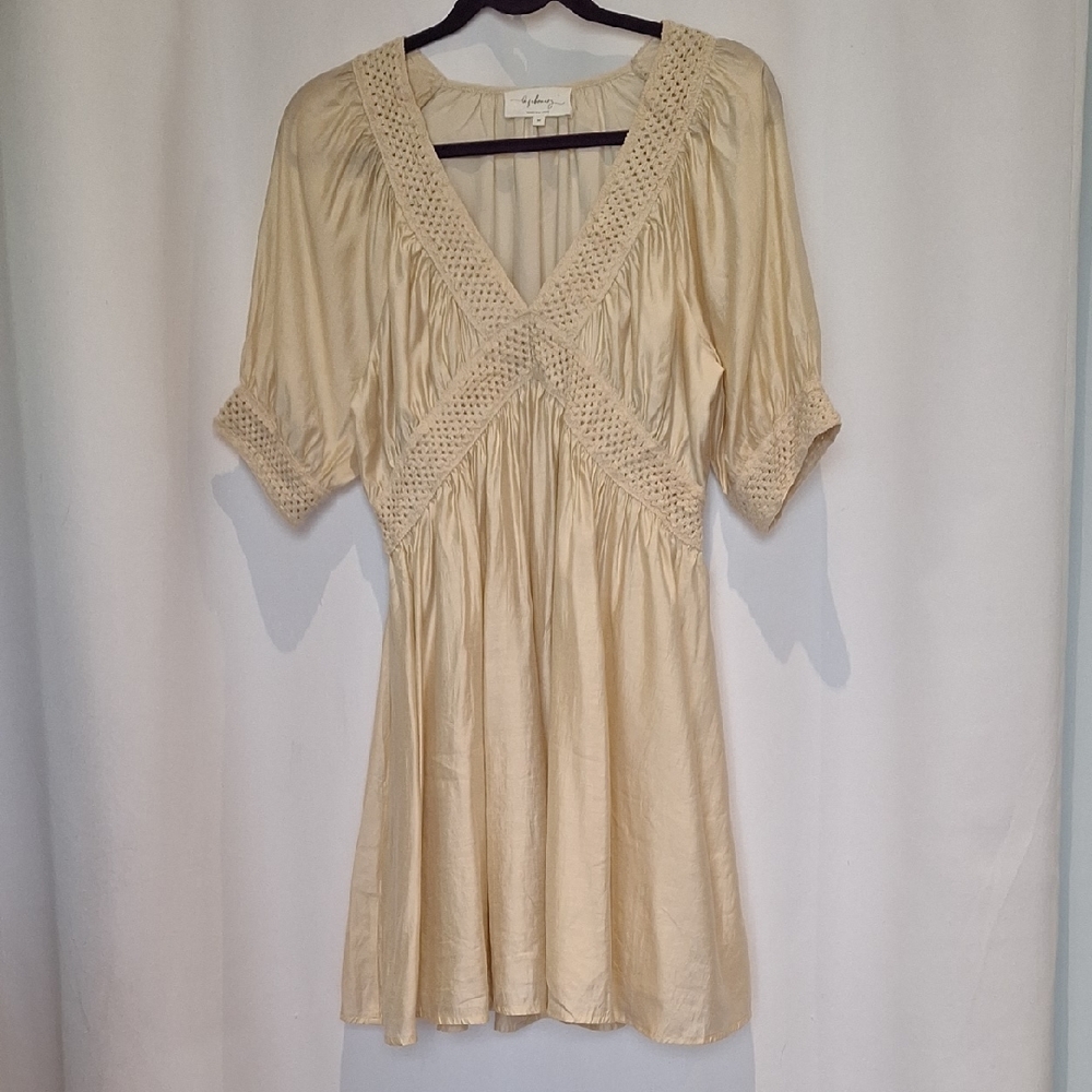In February Babydoll Crochet Accent Mini Dress Tan Size M